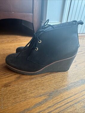 Sperry Black Suede-Look Lace-Up Wedge Booties